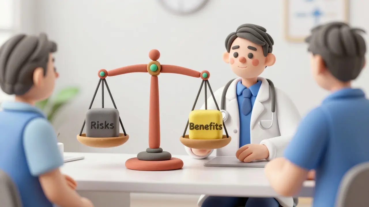 Clay illustration of a doctor and patient with a balance scale showing risks versus benefits.
