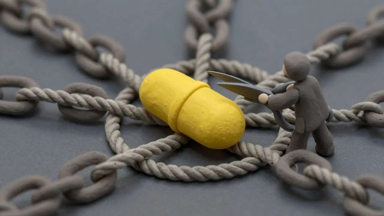 Clay illustration of a pill trapped in a web of ropes symbolizing a patent thicket.