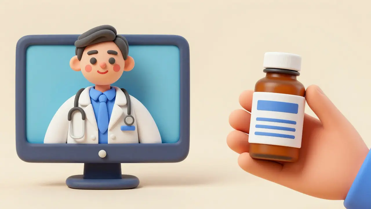 Clay illustration of a telehealth doctor on a screen and a safe medication package