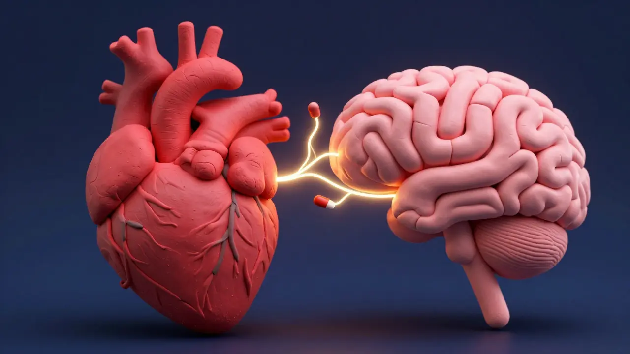 Clay models of a heart and brain with a pill blocking the electrical connection between them.