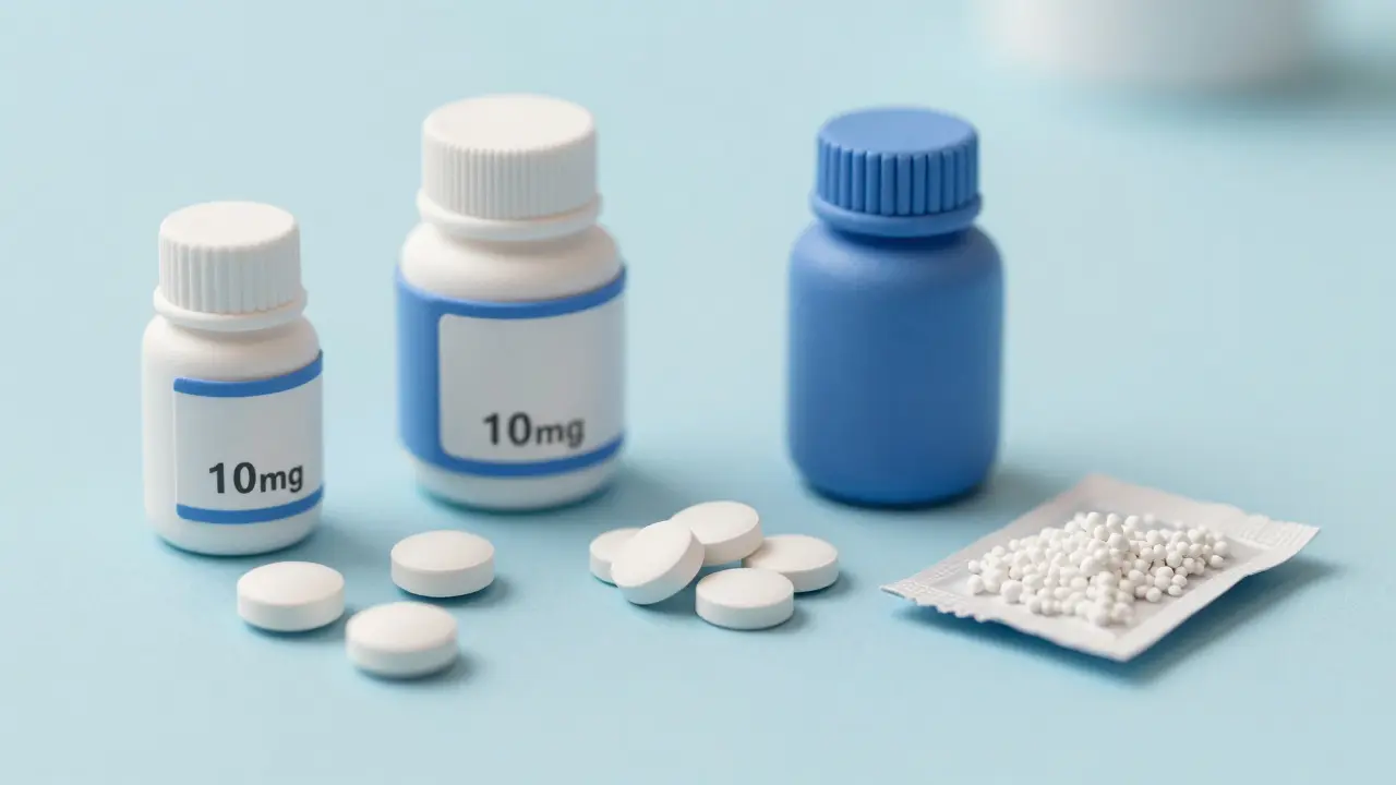 Clay models of various generic montelukast forms including tablets and granules.