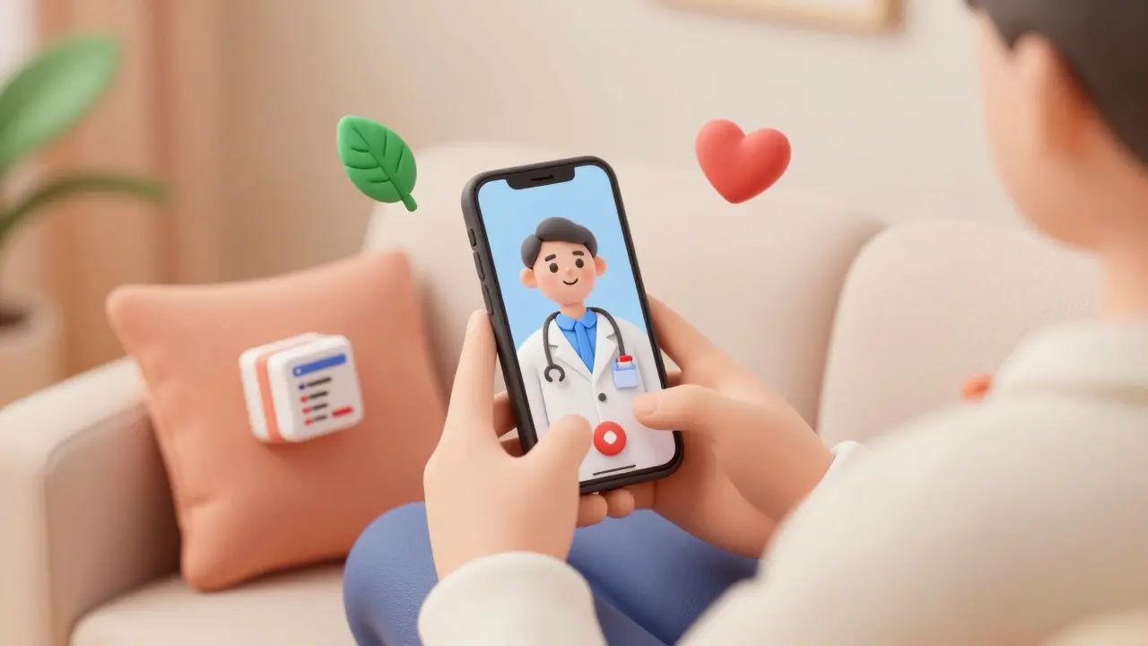 Clay rendering of a person having a telehealth appointment on a smartphone.