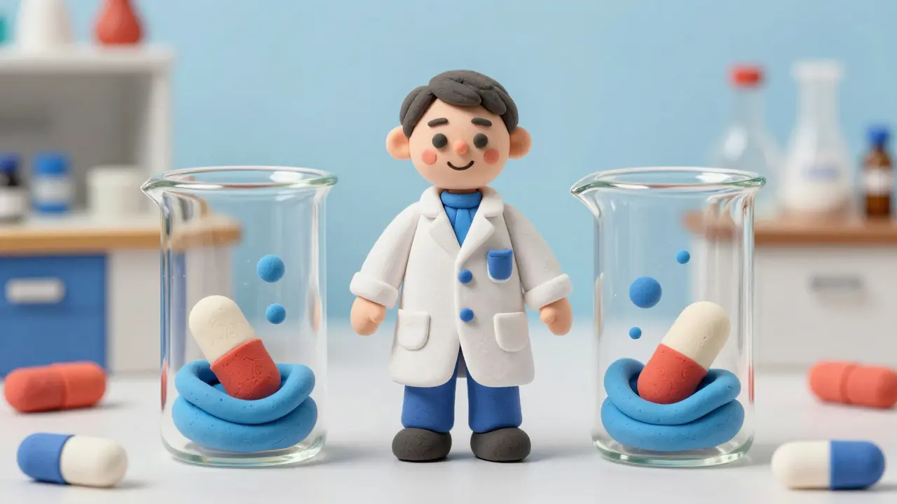 Clay rendering of a scientist comparing two identical dissolving pills in beakers to show equivalence.