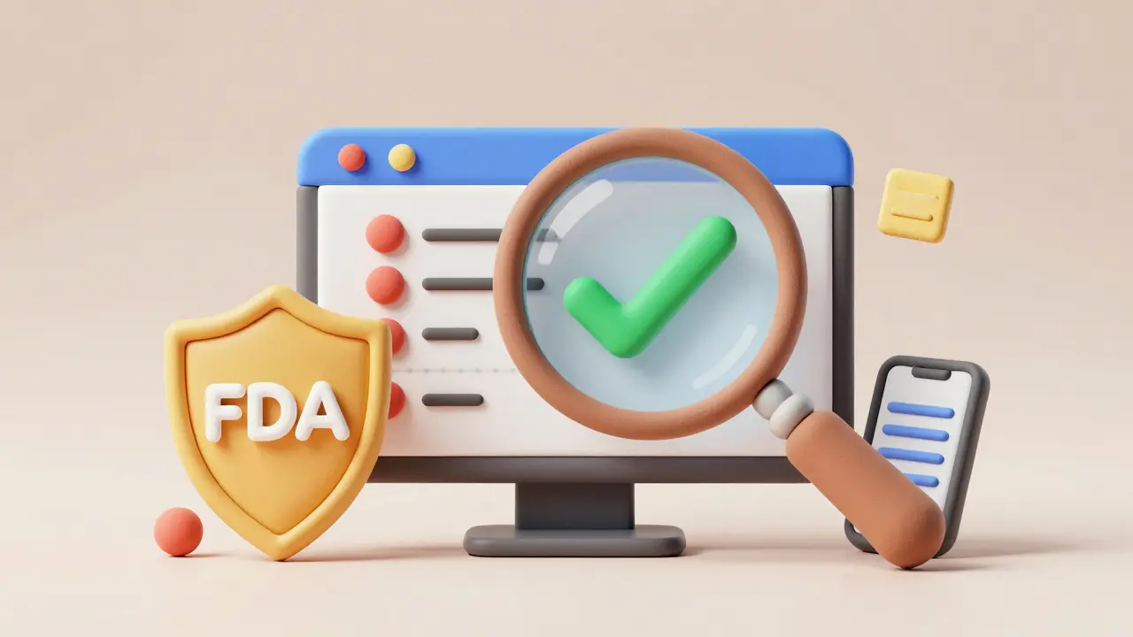 Clay style illustration of a magnifying glass checking a prescription for online pharmacy safety.