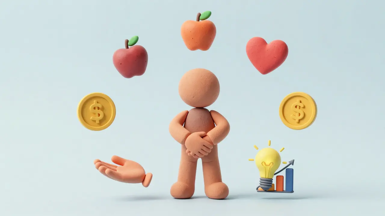 Clay style illustration of a person surrounded by icons representing seven dimensions of wellness.