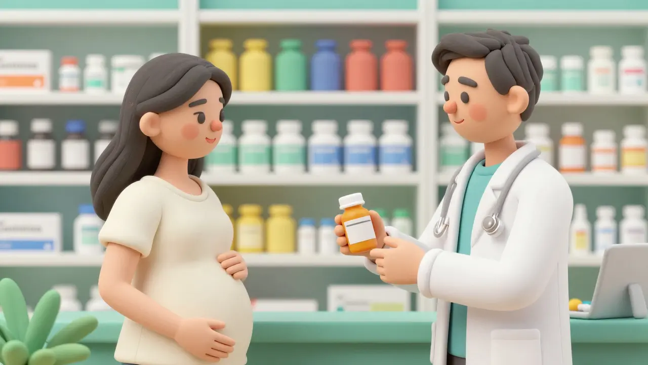 Clay style scene of a pharmacist explaining medication safety to a pregnant woman in a friendly pharmacy.