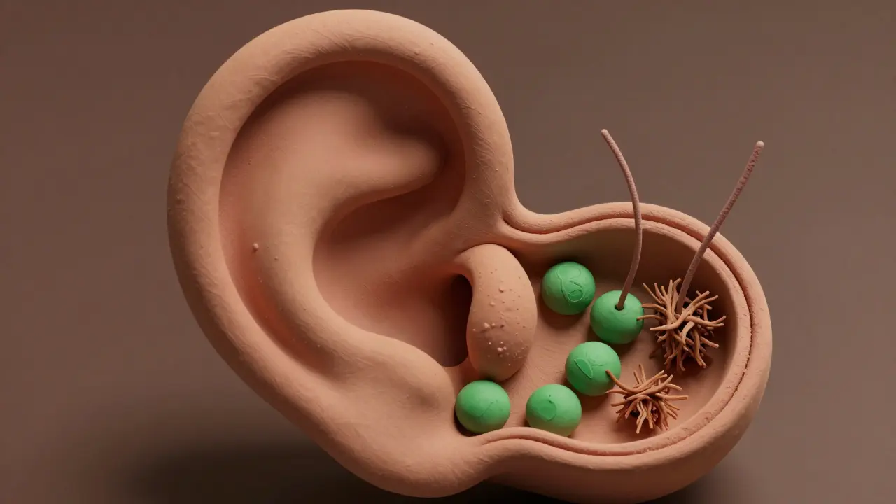 Close up of clay inner ear with damaged hair cells