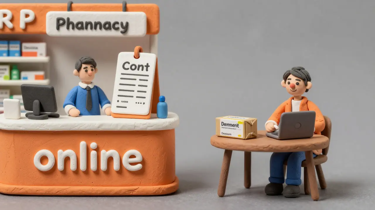 Comparison in clay style between expensive retail pharmacy and affordable online delivery.