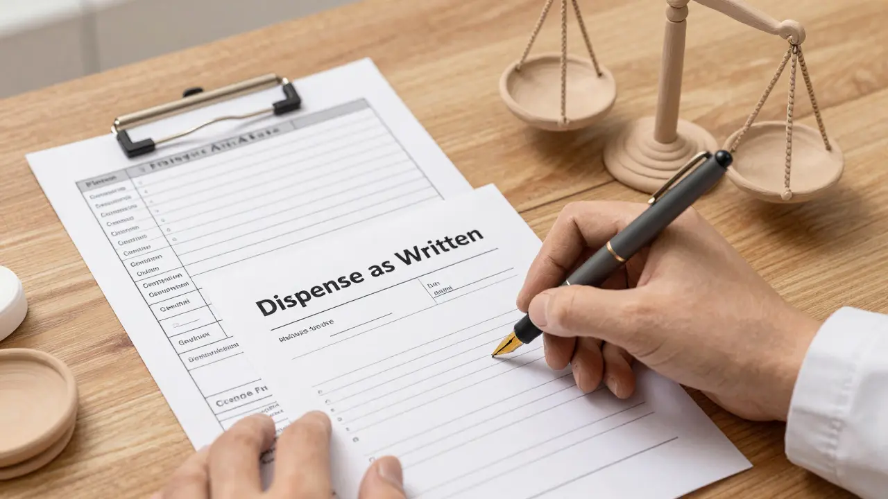Hand writing 'Dispense as Written' on a prescription pad next to a scale of justice.