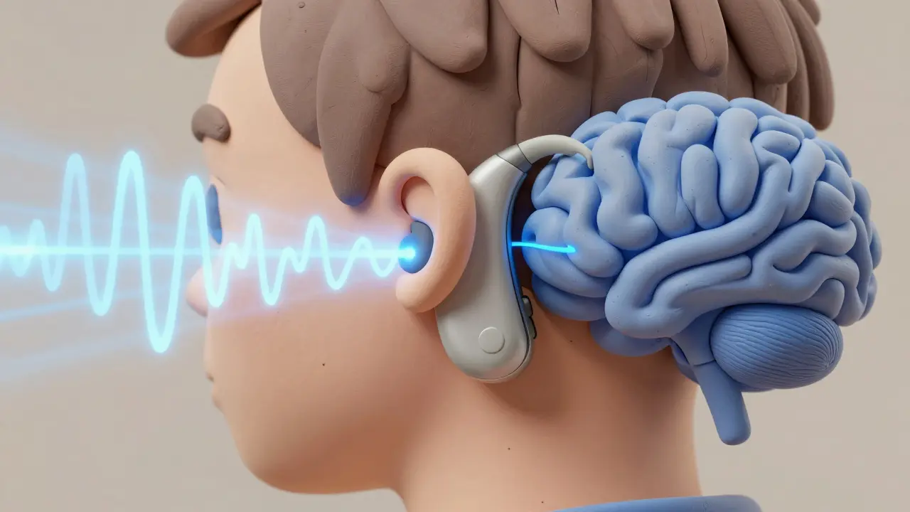 Person using hearing aid with clear sound wave graphics