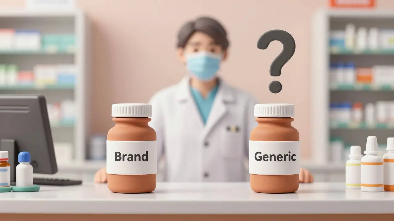 Pharmacist with two medicine bottles and a question mark symbolizing generic substitution.