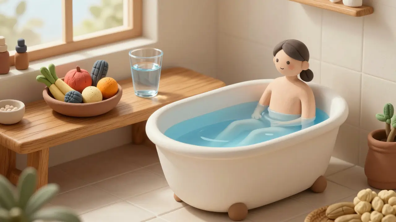 Clay art of a sitz bath, fiber-rich food, and water for hemorrhoid recovery