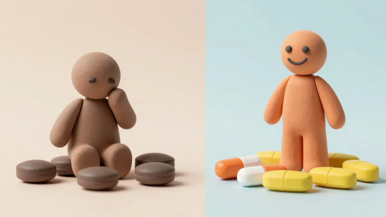 Clay art showing drowsy vs stable effects of different antihistamines.