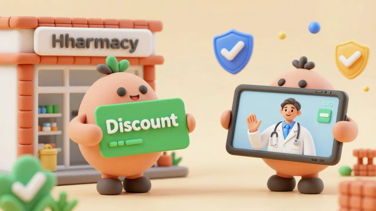Clay characters showing discount coupons and telehealth services
