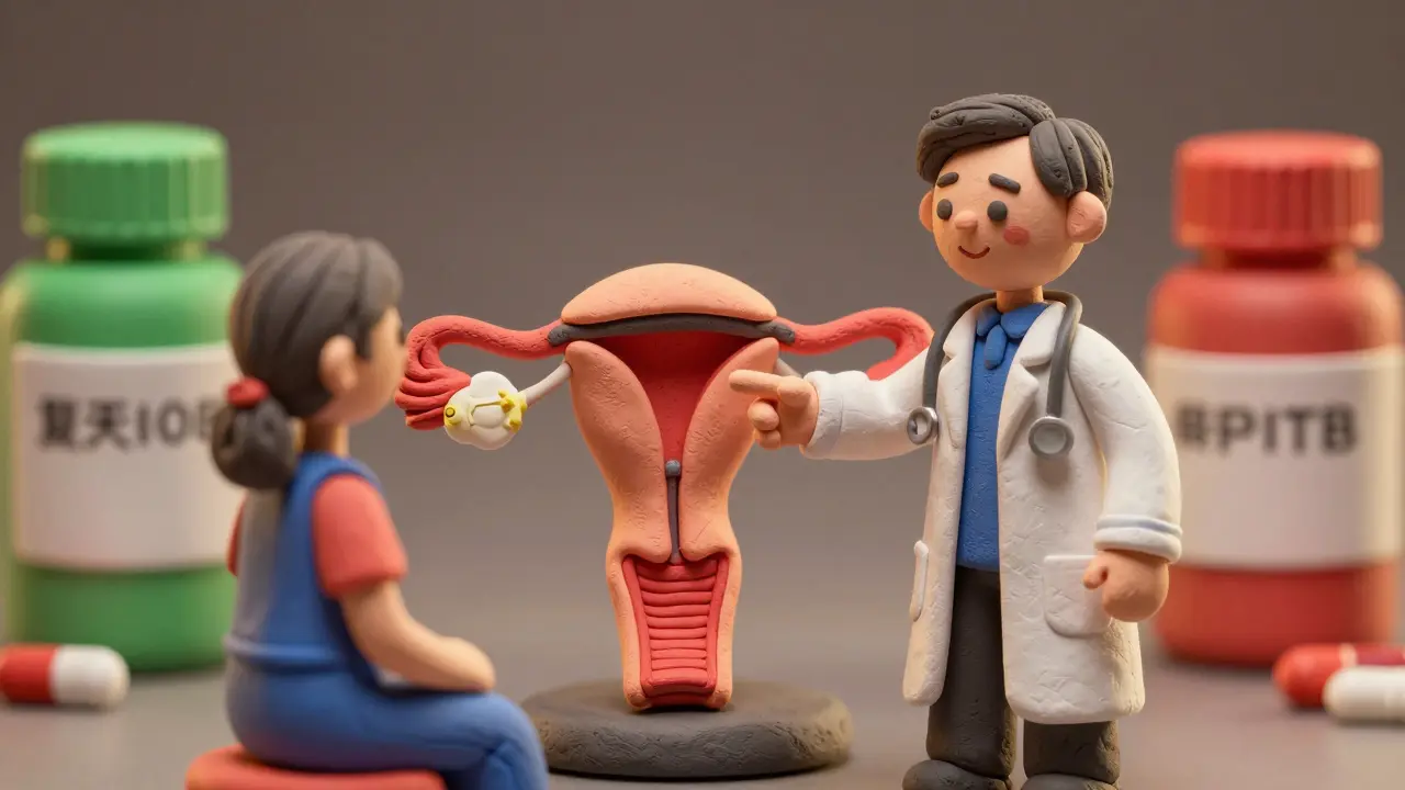 Clay doctor explaining IUD treatment to patient with medication models