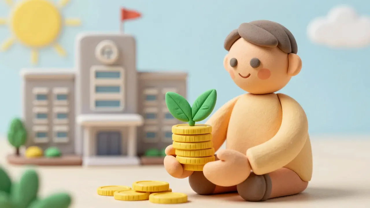 Clay figure holding coins turning to leaves near hospital for savings