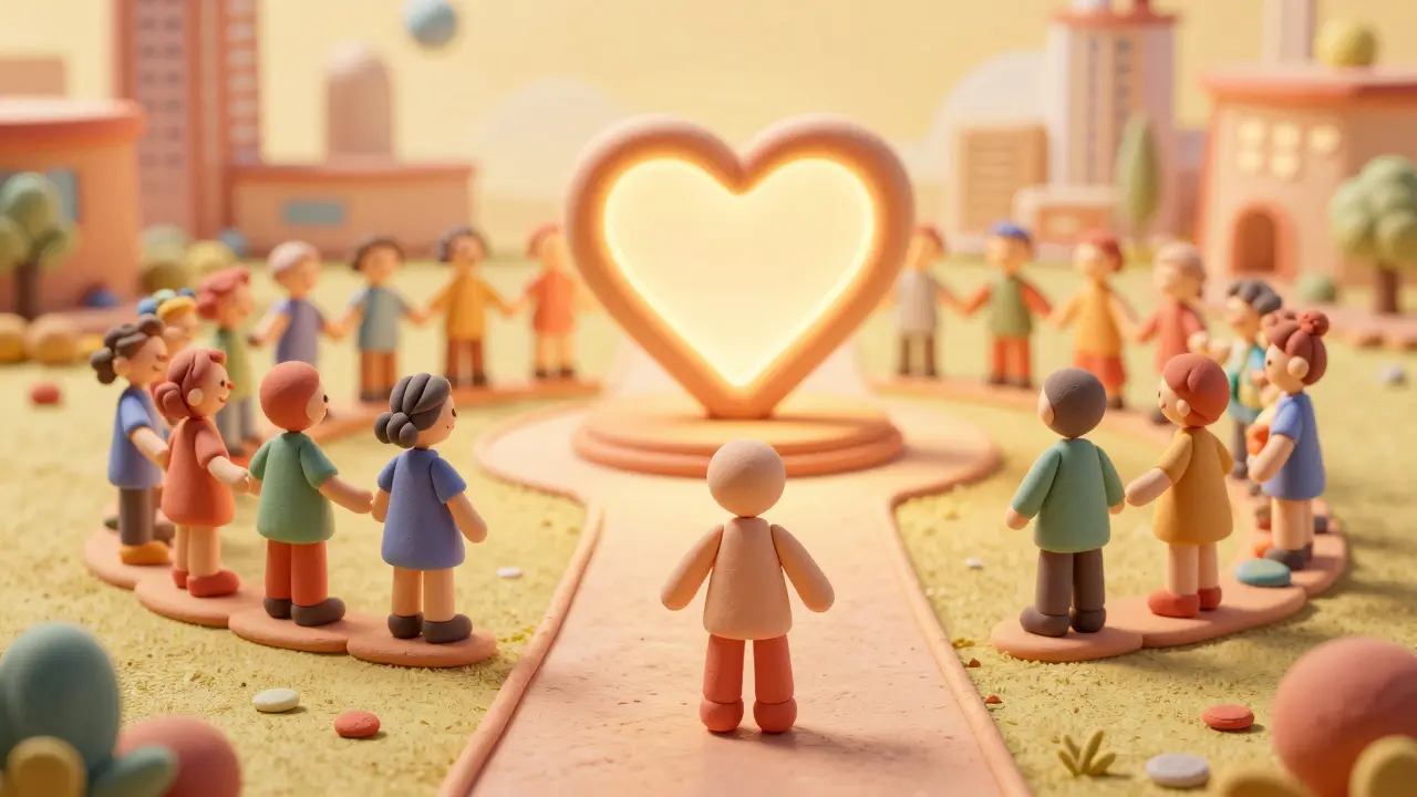 Clay figure joining a community circle representing health benefits