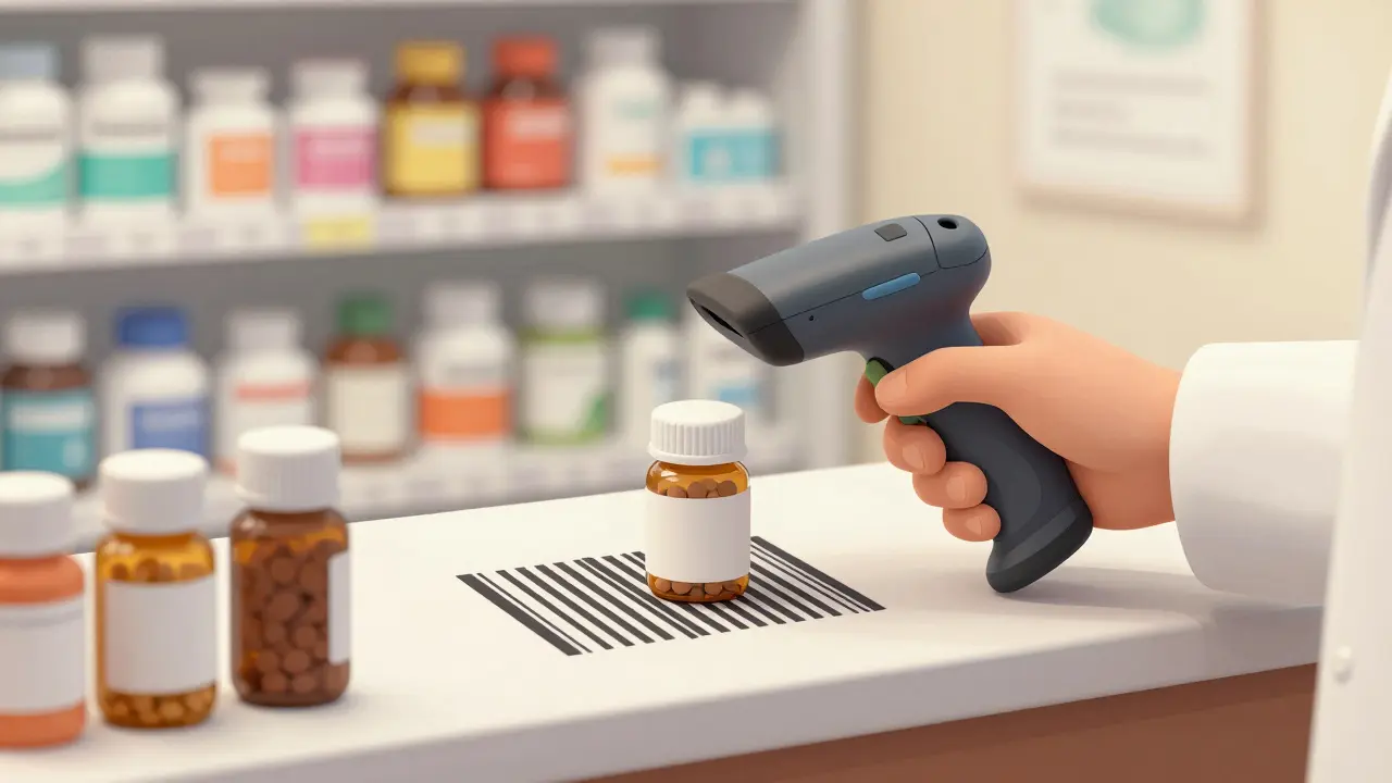 Clay illustration of a pharmacist scanning a barcode