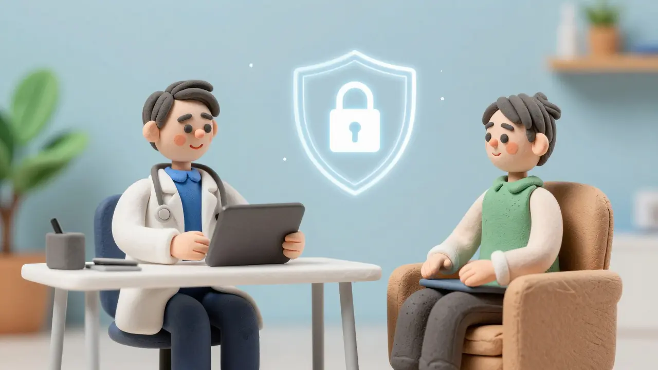 Clay illustration of a secure telehealth doctor-patient consultation