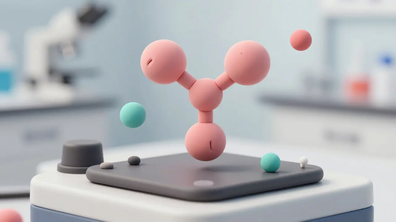 Clay illustration of antibody molecule with sugar attachments in lab