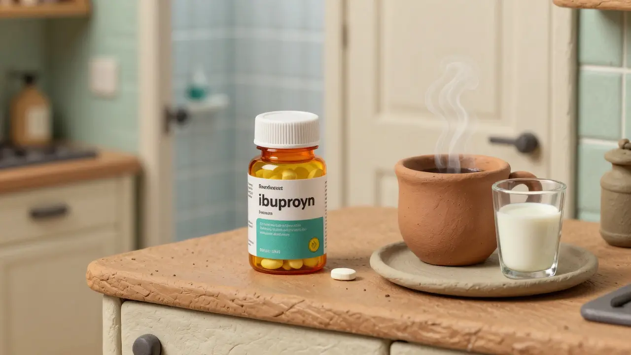 Clay illustration showing safe storage and taking ibuprofen with food