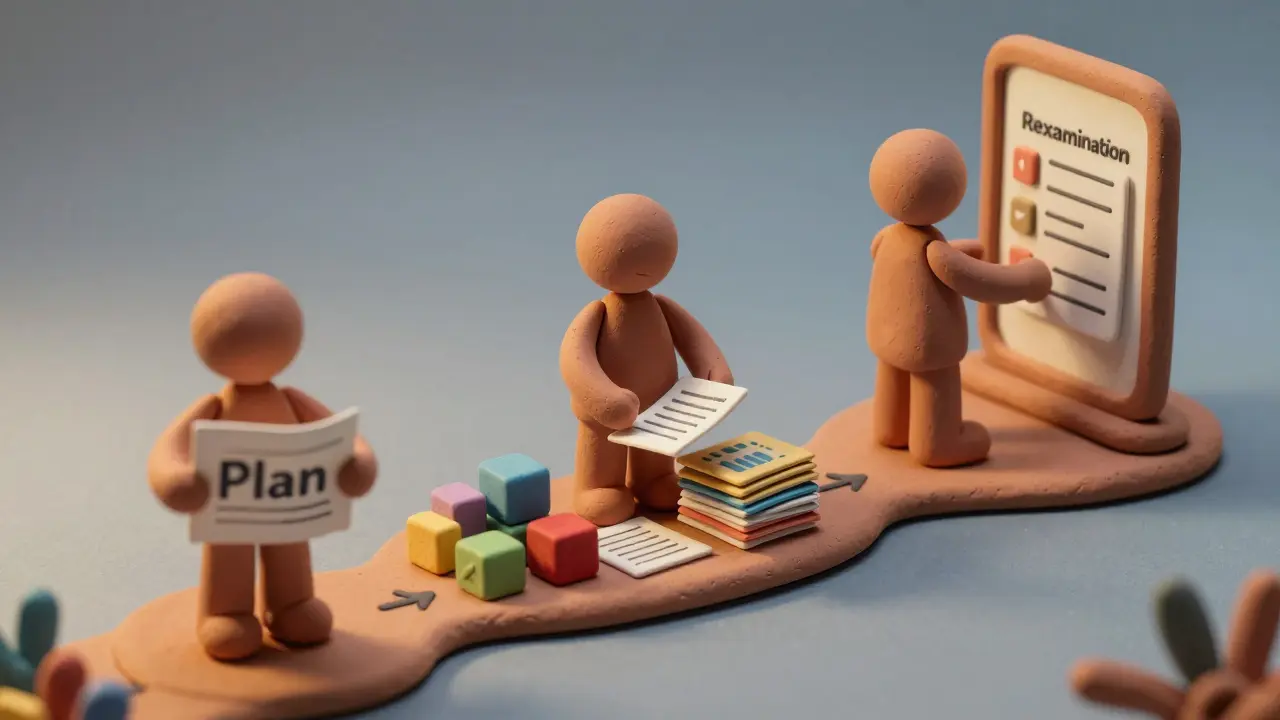 Clay illustration showing three stages of drug safety monitoring: planning, reporting, and reevaluation.