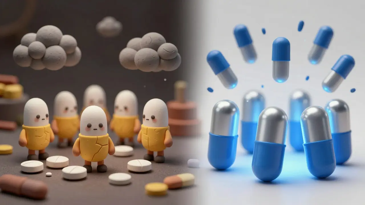 Clay pills contrasting old treatments with new glowing biologics