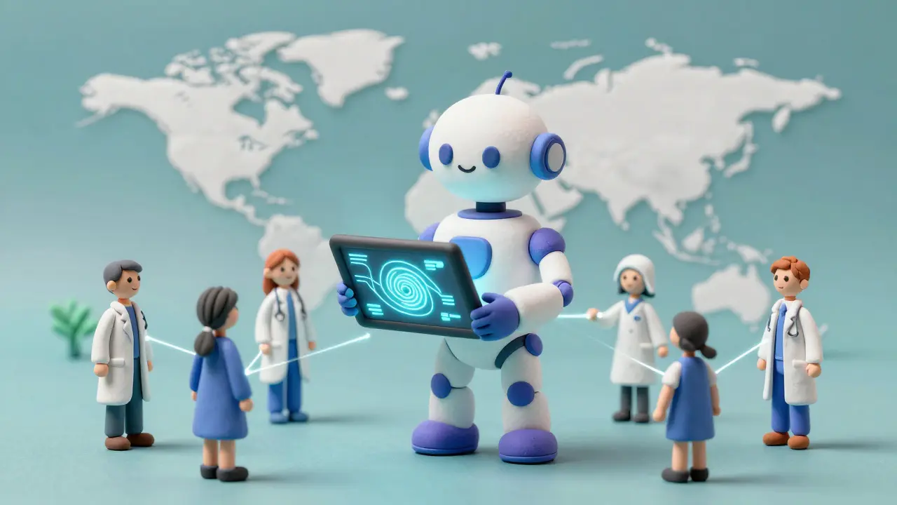 Clay render of an AI assistant analyzing global health data streams for drug safety signals.