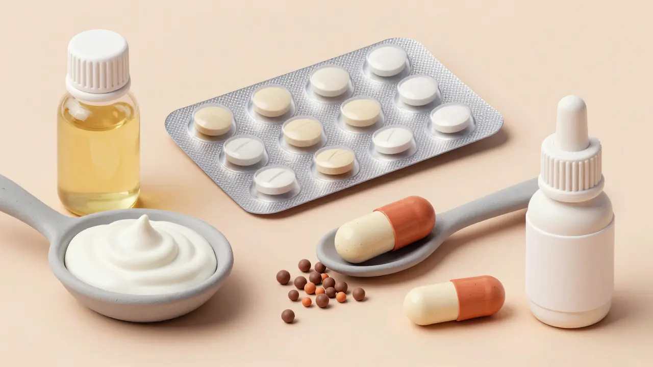 Clay rendering of different topiramate forms: tablets, capsules, sprinkles, and liquid.