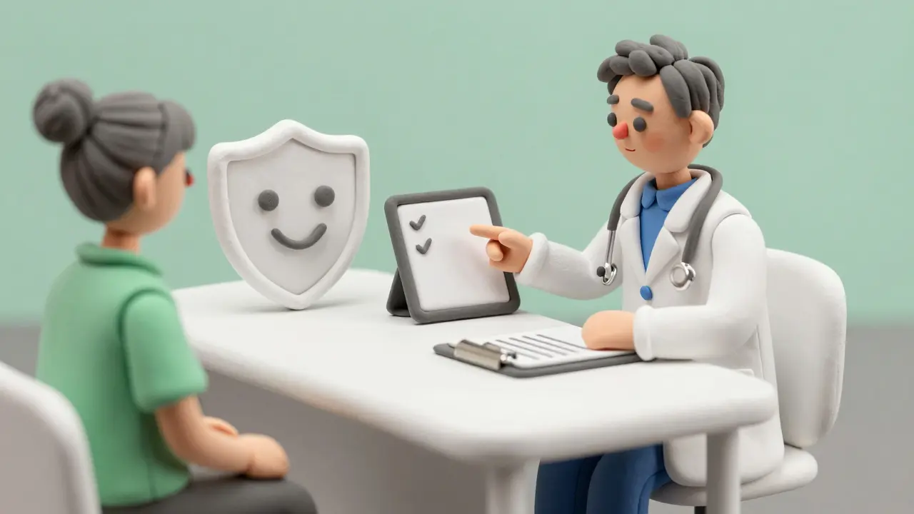 Doctor and patient discussing registry enrollment with a privacy shield