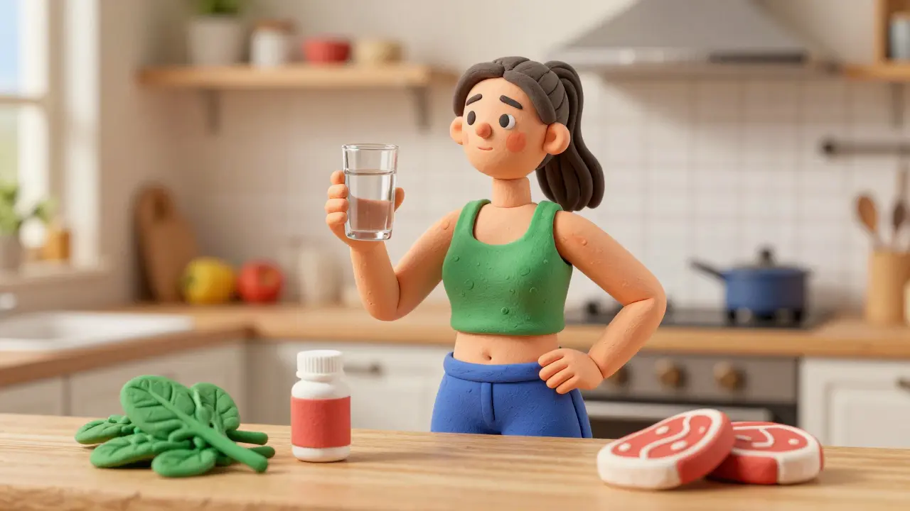 Energetic clay woman holding iron supplements near healthy food