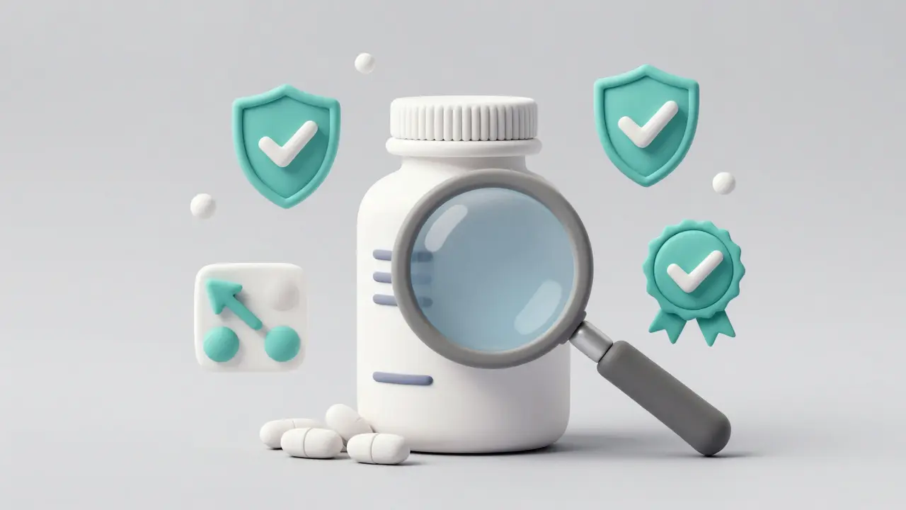 Magnifying glass inspecting a pill bottle with safety check icons around it