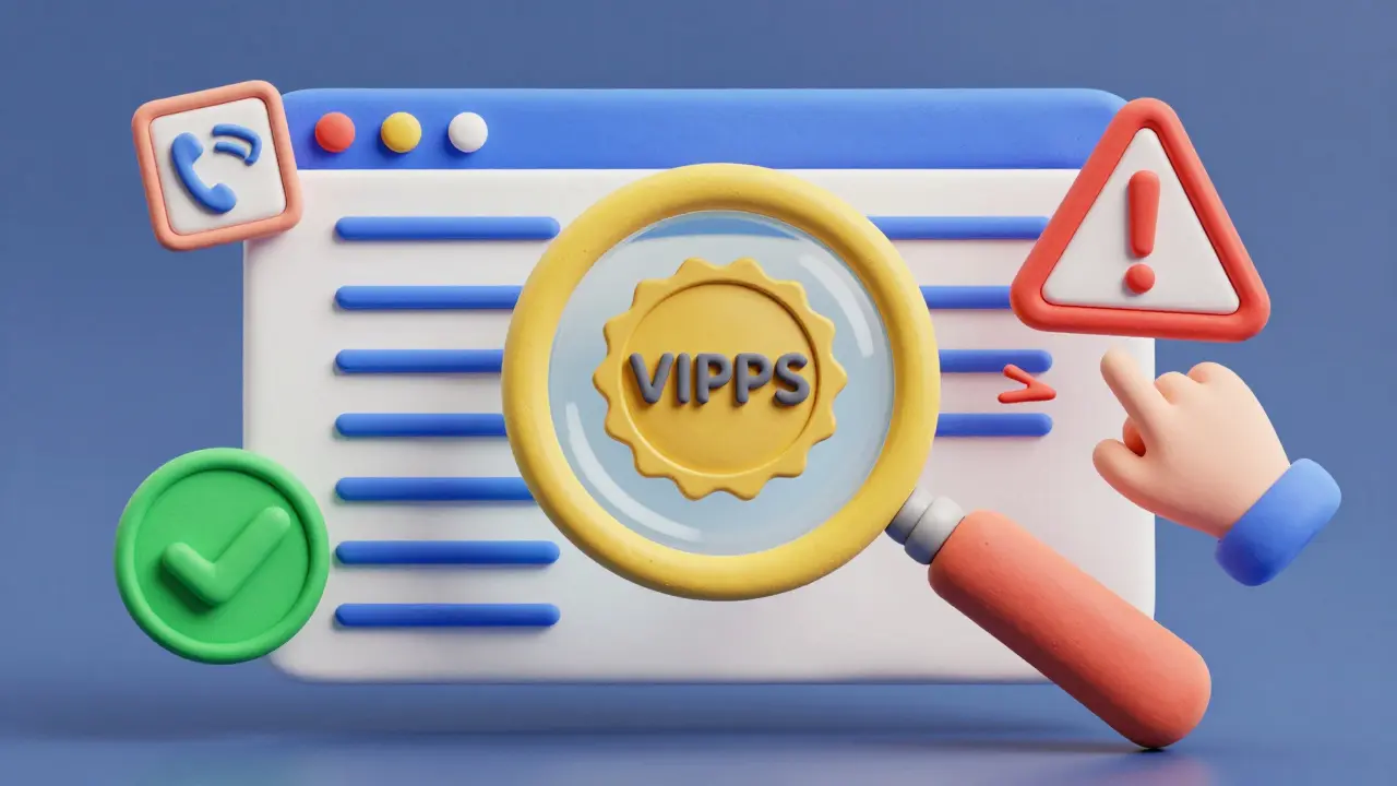 Magnifying glass inspecting VIPPS safety seal on clay website