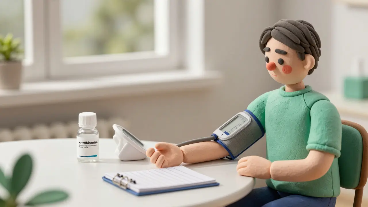 Person measuring blood pressure next to safe allergy medication.