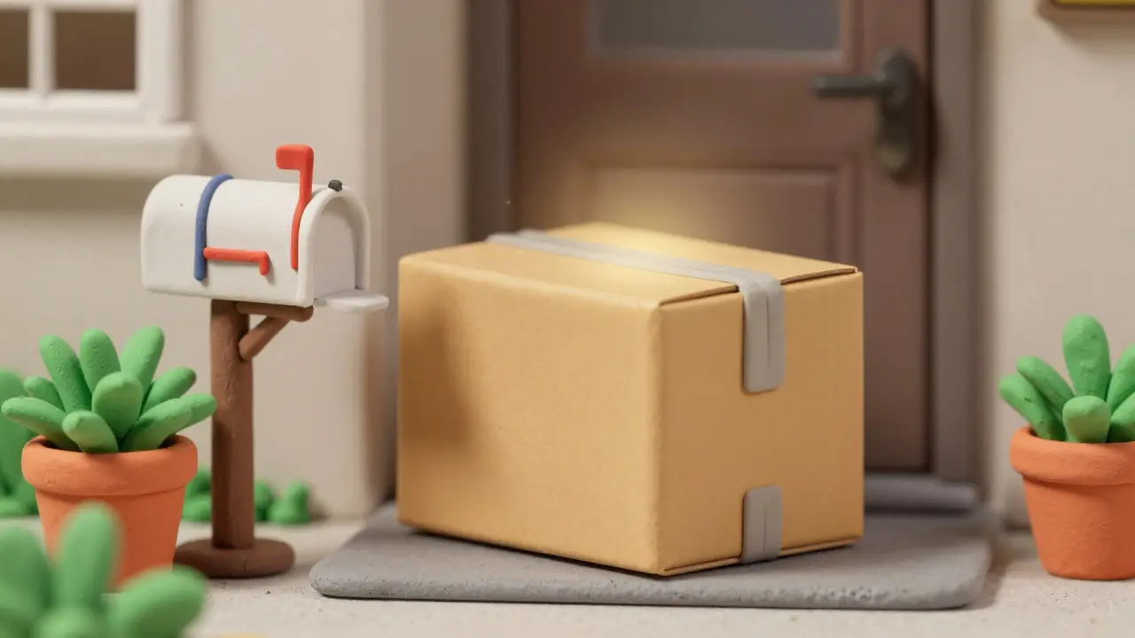 Plain package on a doorstep representing discreet and safe medication delivery
