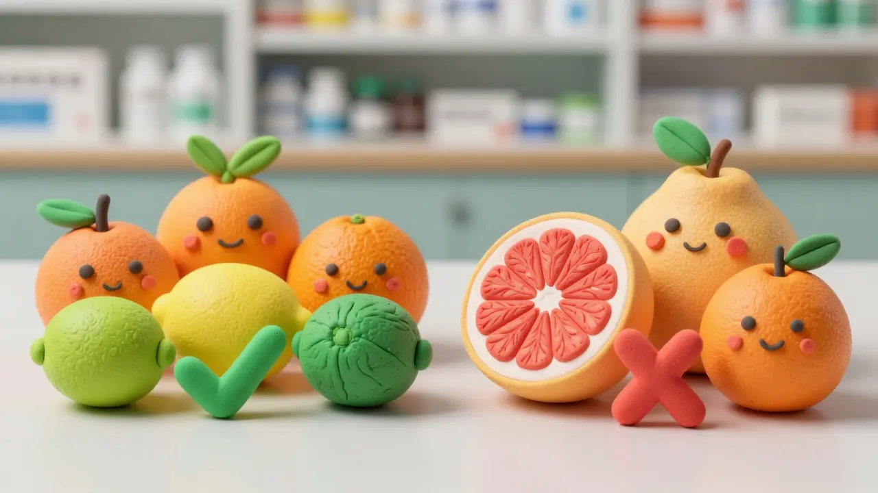 Clay art comparing safe citrus fruits like lemons vs risky ones like pomelo