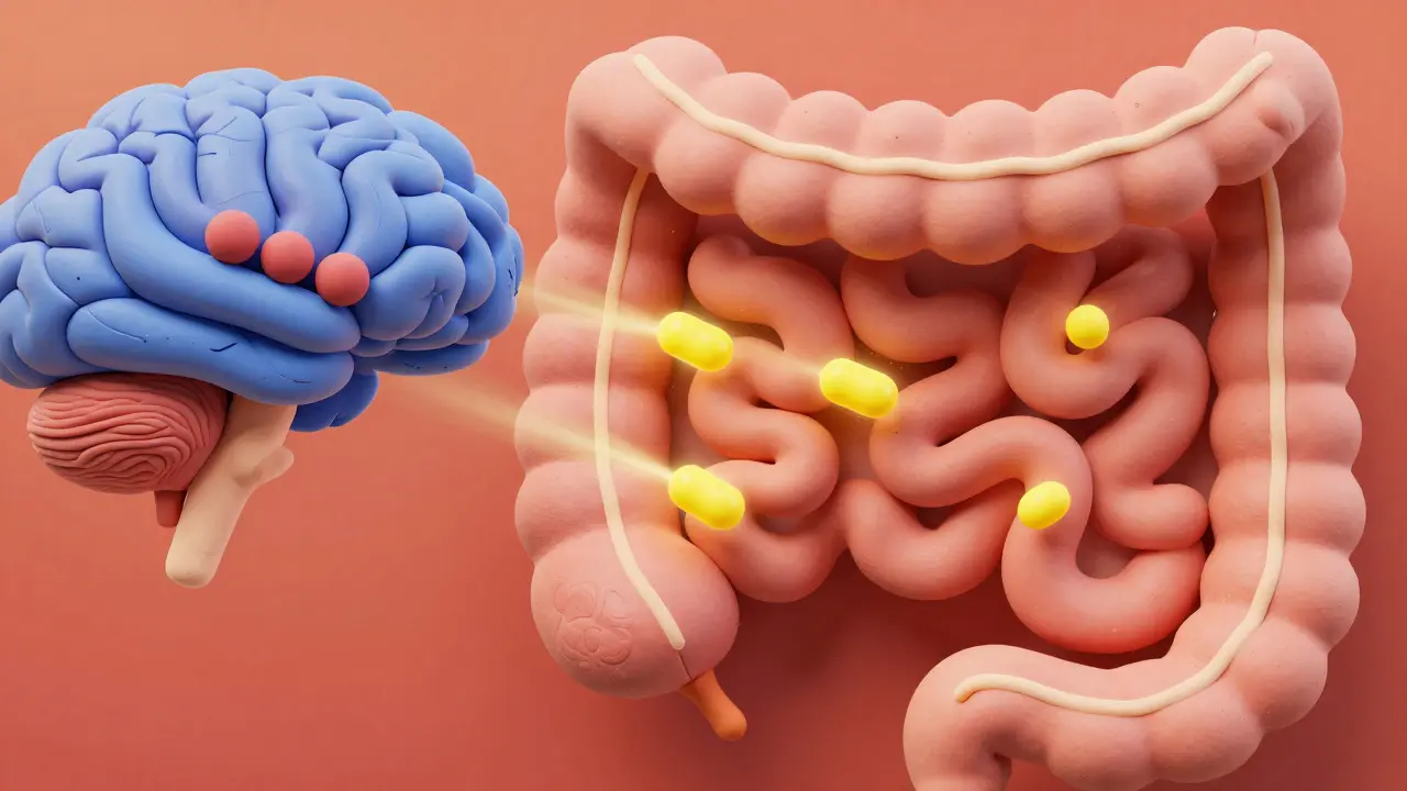 Clay art showing serotonin speeding up gut movement