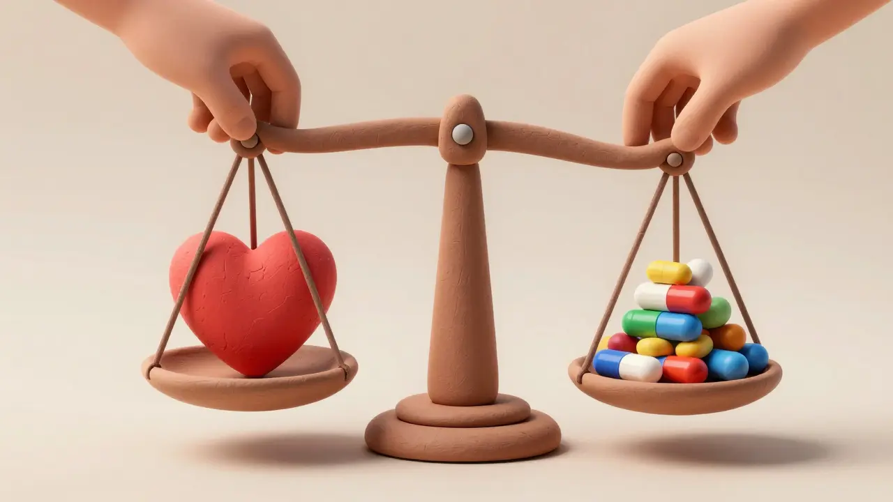 Clay balance scale weighing a heart against pills, symbolizing medical decisions