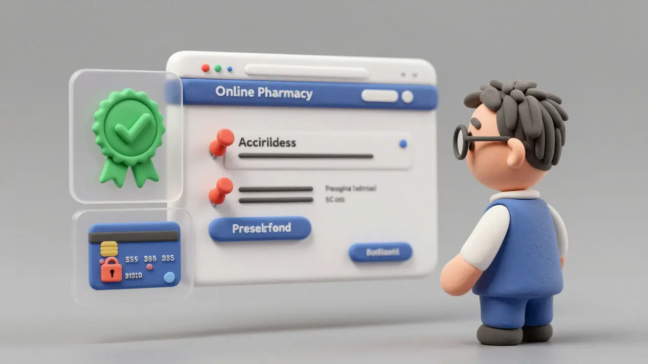 Clay character verifying online pharmacy safety seals and secure payment icons