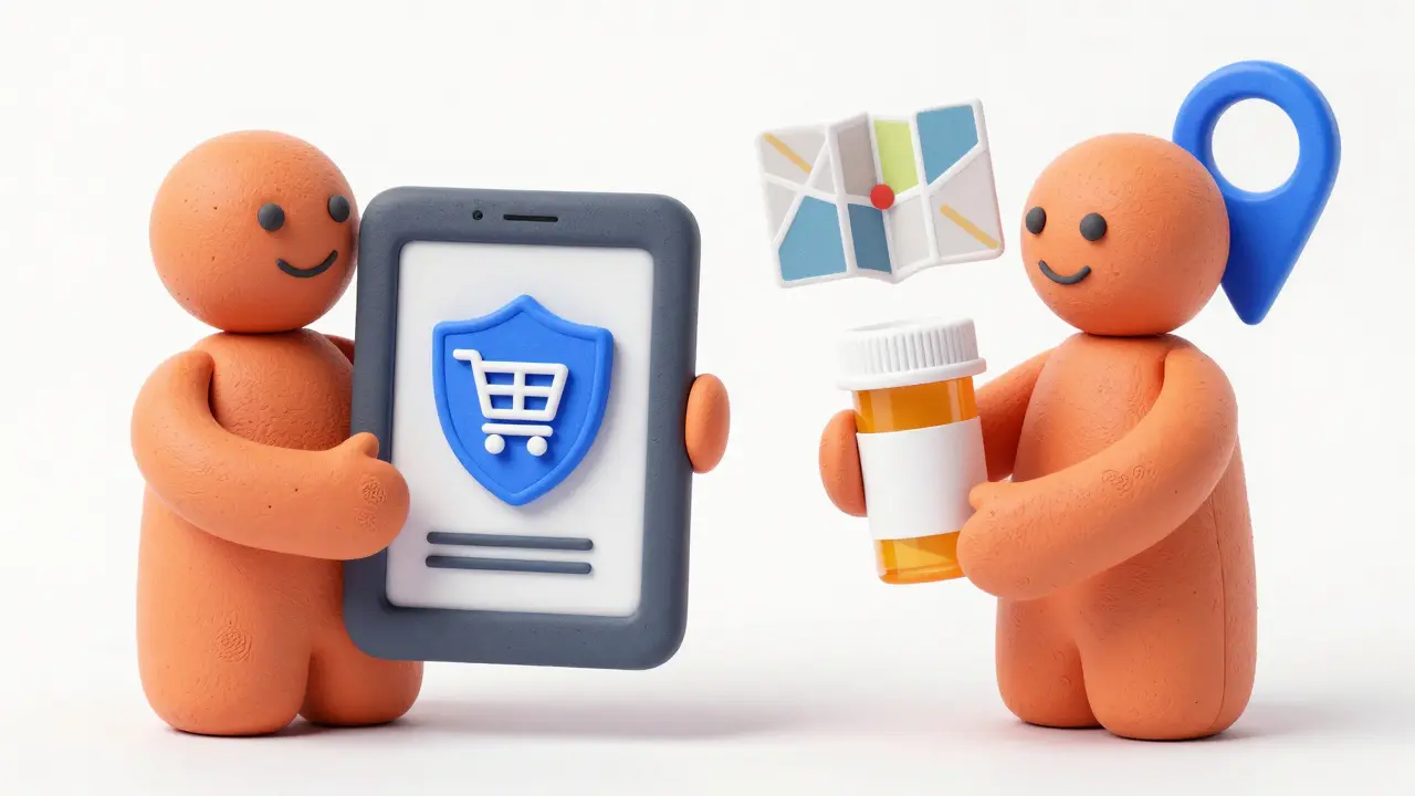 Clay figures comparing digital pharmacy apps and physical store options safely