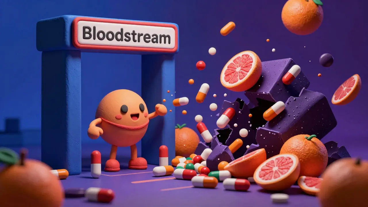 Clay illustration of enzyme blocked by fruit compounds preventing pill absorption