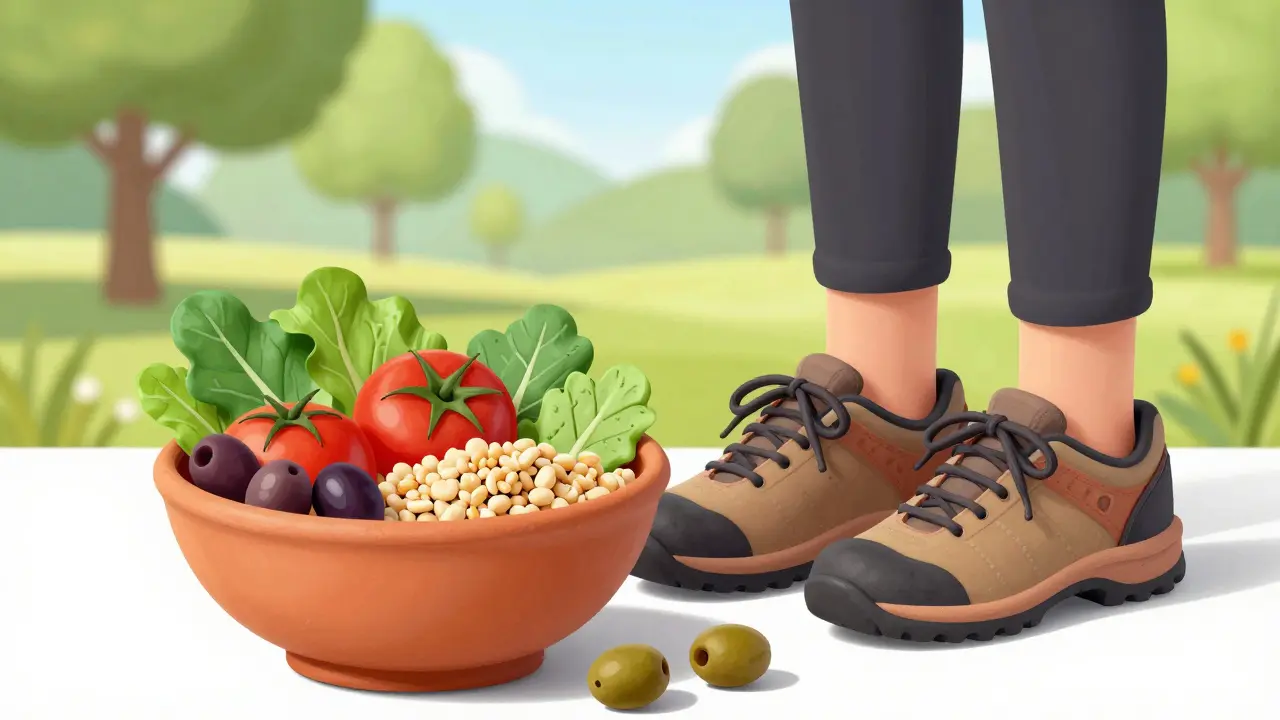 Clay illustration of healthy food and walking shoes, representing lifestyle changes