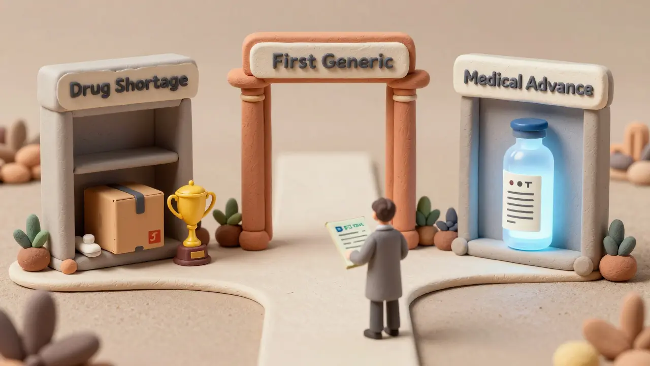 Clay illustration of three gates representing first generic, shortage, and medical advance criteria.