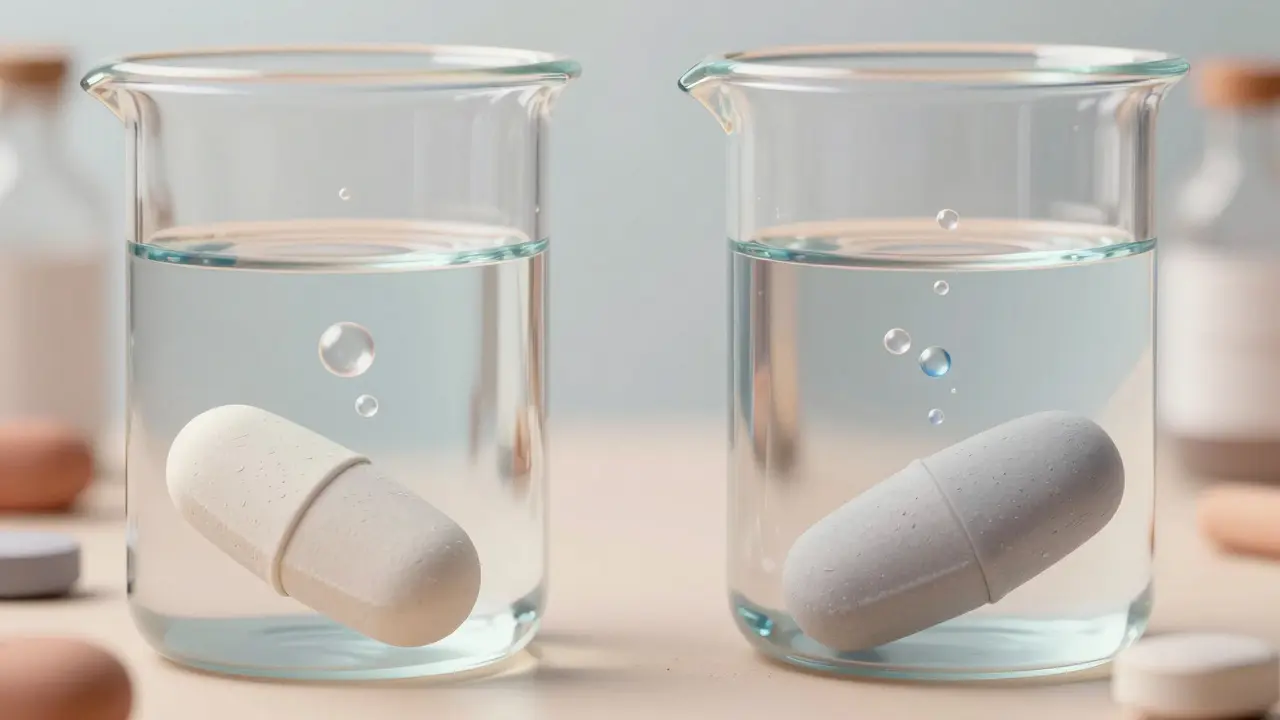 Clay illustration of two pills dissolving equally in water