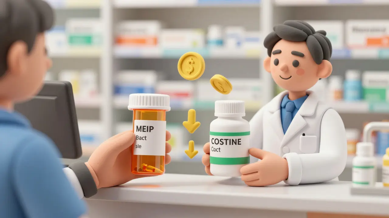 Clay pharmacist showing cost difference between drug types