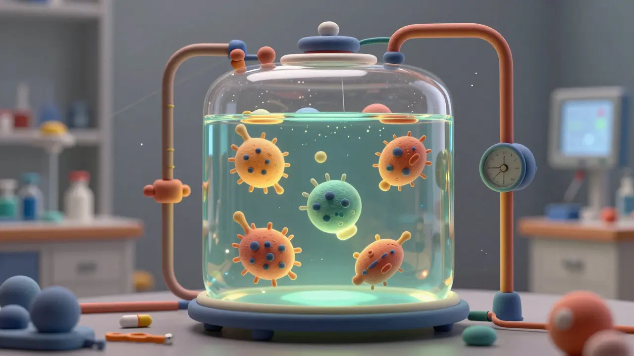 Clay rendering of a lab bioreactor with living cells and monitoring equipment inside.