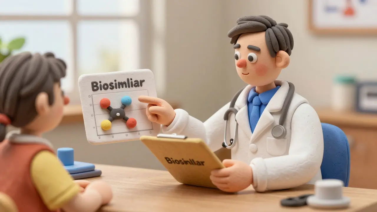 Doctor and patient discussing biosimilars with clay model molecules on the table.