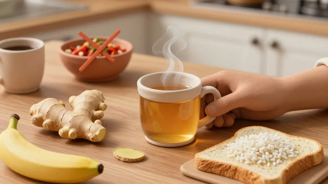 Ginger tea, rice, and bananas on a table for relief
