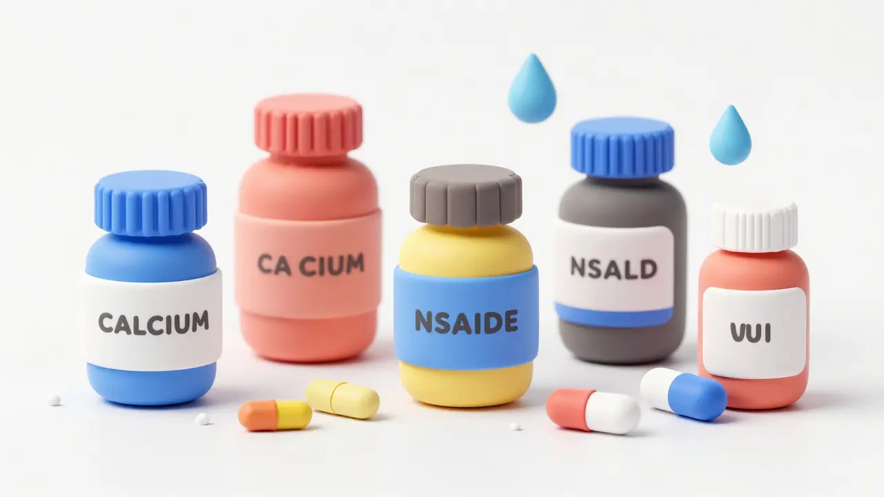 Medication bottles surrounded by water and salt symbols