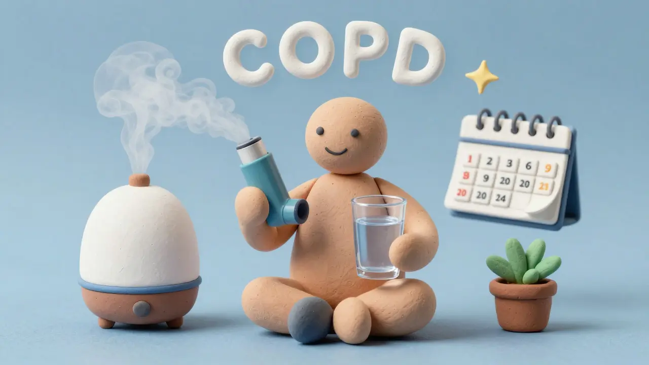 Clay art showing inhaler, water, and humidifier for COPD daily management.